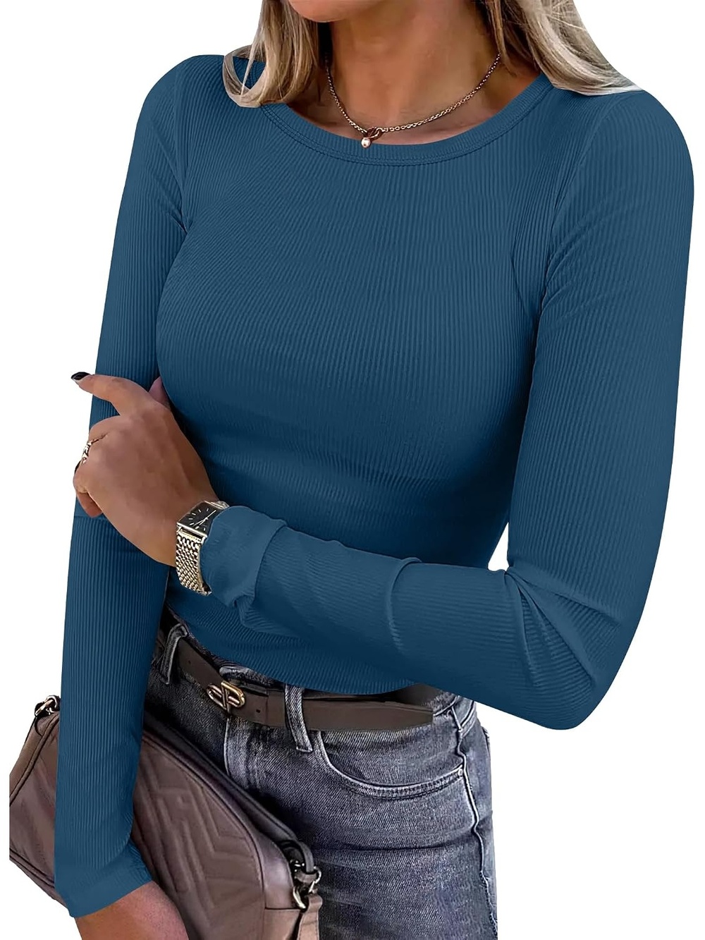Women's Deep Blue Slim Lightweight Knit Long Sleeve Shirts Ribbed Fitted Tops
